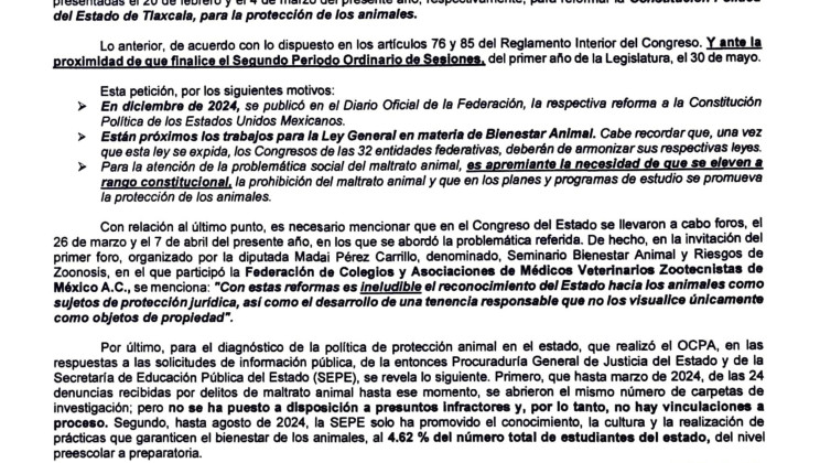 EXHORTO A DIPUTADOS PARA DICTAMINAR LA REFORMA CONSTITUCIONAL PARA LA PROTECCIÓN ANIMAL