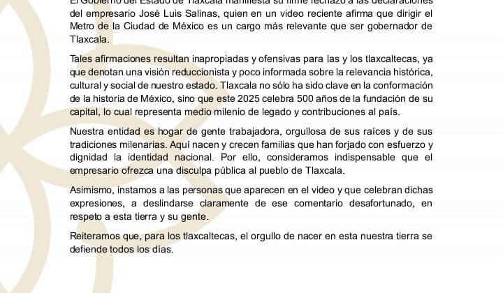 El Gobierno de Tlaxcala exige a empresario respeto y disculpa pública al pueblo tlaxcalteca