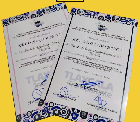Reconoce IAIP al PRD Tlaxcala por su cumplimiento total en materia de transparencia y rendición de cuentas.
